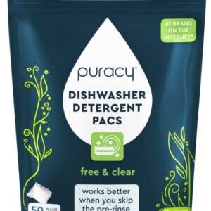 Puracy Dishwasher Pods, 50 Count, Natural Detergent, Free & Clear Enzyme-Powered Automatic Dishwasher Pod, Spot and Residue-Free Dish Tabs, 2-in-1 Soap and Rinse Aid