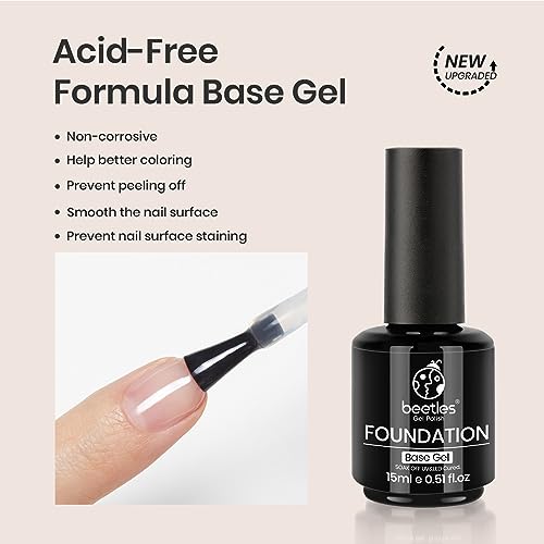 Beetles 2 Pcs 15ml No Wipe Gel Top Coat and Base Coat Set - Shine Finish and Long Lasting, Soak Off LED Nail Lamp Gel Base Top Coat Finish Nail Art Design Manicure Gifts for Women