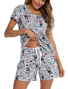 enjoynight women's cute sleepwear print tee and shorts pajama set (large, grey dog)