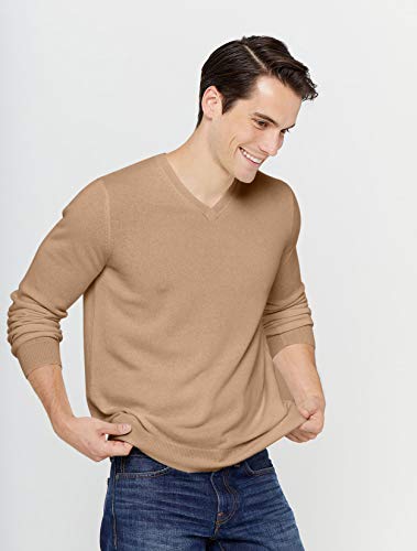 State Cashmere Essential V-Neck Sweater - Long Sleeve Pullover for Men Made with 100% Pure Cashmere Sourced from Inner Mongolia Goats - Soft, Lightweight & Versatile - (Camel, Large)