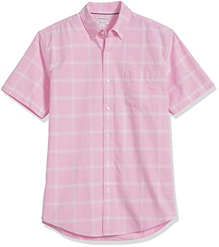 Amazon Essentials Men's Regular-Fit Short-Sleeve Pocket Oxford Shirt, Pink Windowpane, X-Large