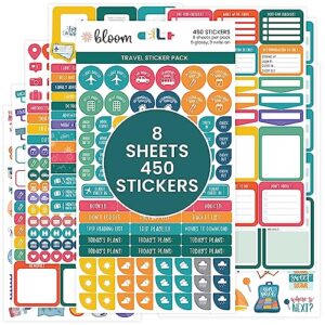 bloom daily planners travel planner stickers - 8 sheets / 450 stickers - adventure variety pack for trip planning, scrapbooking, calendar decorating, vacation journaling - colorful icons & quotes