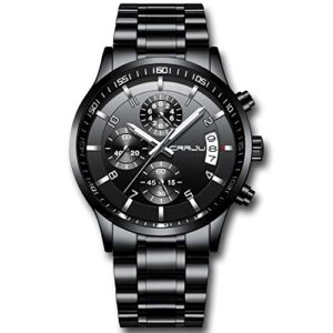 crrju men's black watch fashion business chronograph quartz wristwatches,luxury stainsteel steel band waterproof watch for men