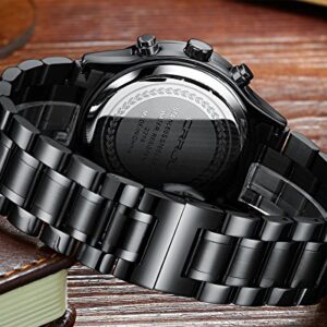 CRRJU Men's Black Watch Fashion Business Chronograph Quartz Wristwatches,Luxury Stainsteel Steel Band Waterproof Watch for Men