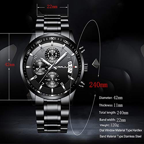 CRRJU Men's Black Watch Fashion Business Chronograph Quartz Wristwatches,Luxury Stainsteel Steel Band Waterproof Watch for Men