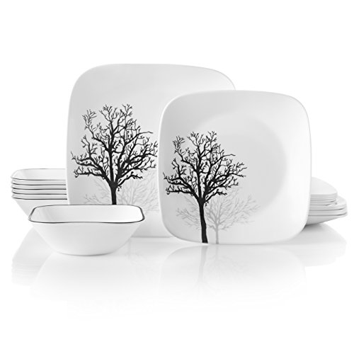 Corelle Vitrelle 18-Piece Service for 6 Dinnerware Set, Triple Layer Glass and Chip Resistant, Lightweight Square Plates and Bowls Set, Timber Shadows