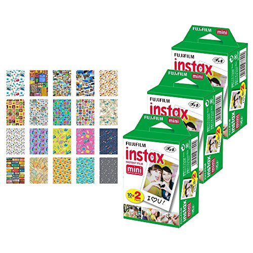 3X Fujifilm instax Mini Instant Film (60 Exposures) + 20 Sticker Frames for Fuji Instax Prints Travel Package