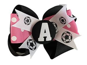 soccer bow with glitter initial or number button, hot pink black and white, baseball softball cheer and volleyball football