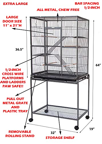 64" Extra Large Wrought Iron 4-Levels Ferret Chinchilla Sugar Glider Mice Rat Mouse Hamster Cage Tight 1/2-Inch Bar Spacing (White Vein)