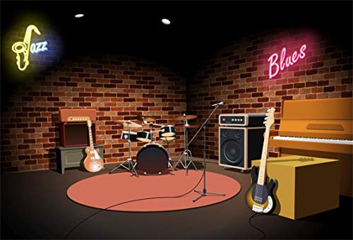 CSFOTO Polyester 7x5ft Music Club Backdrop Rock and Roll Jazz Blues Music Club Stage Background Bar Music Band Instrument Concert Greeting Party Performing Decor Background Disco Backdrop for Parties
