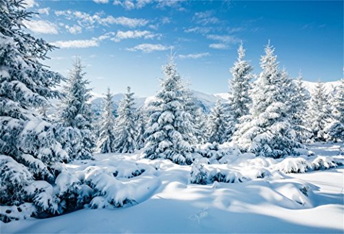 Leyiyi 5x3ft Photography Background Snow Covered Mountain Backdrop Cold Winter Pine Forest Sunlight Merry Christmas Happy New Year Alps Blue Sky Cloud Photo Portrait Vinyl Studio Video Prop