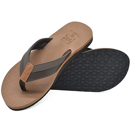 KuaiLu Men's Yoga Mat Leather Flip Flops Thong Sandals with Arch Support Khaki size 11