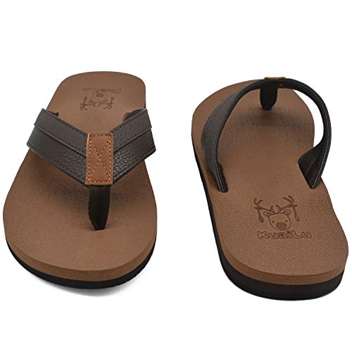KuaiLu Men's Yoga Mat Leather Flip Flops Thong Sandals with Arch Support Khaki size 11
