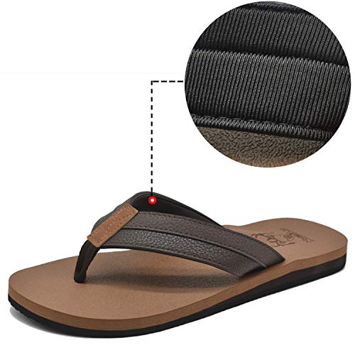 KuaiLu Men's Yoga Mat Leather Flip Flops Thong Sandals with Arch Support Khaki size 11