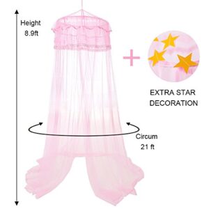 Twinkle Star Kids Netting Princess Bed Canopy 3 Layers Lace Ruffle Dome for Baby, Girls (Pink)