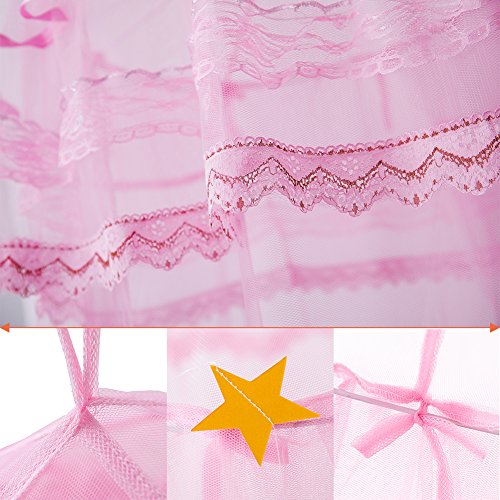 Twinkle Star Kids Netting Princess Bed Canopy 3 Layers Lace Ruffle Dome for Baby, Girls (Pink)