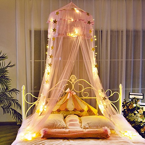 Twinkle Star Kids Netting Princess Bed Canopy 3 Layers Lace Ruffle Dome for Baby, Girls (Pink)