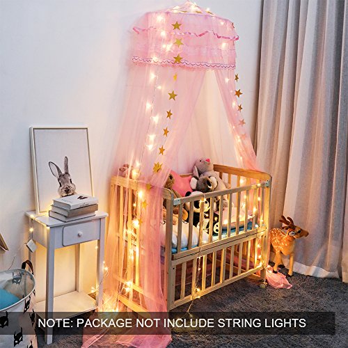 Twinkle Star Kids Netting Princess Bed Canopy 3 Layers Lace Ruffle Dome for Baby, Girls (Pink)