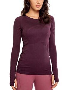 crz yoga women's seamless athletic long sleeves sports running shirt breathable gym workout top dark red-slim fit small