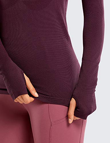 CRZ YOGA Women's Seamless Athletic Long Sleeves Sports Running Shirt Breathable Gym Workout Top Dark Red-Slim Fit Small