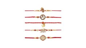 eximious india set of 5 rakhi for brother with card metal pendant for raksha bandhan designer rakhi thread for bhaiya (set of 5-3)