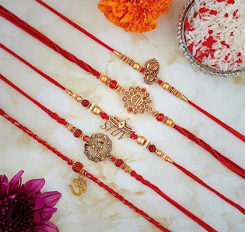 Eximious India Set of 5 Rakhi For Brother With Card Metal Pendant For Raksha Bandhan Designer Rakhi Thread for Bhaiya (Set of 5-3)