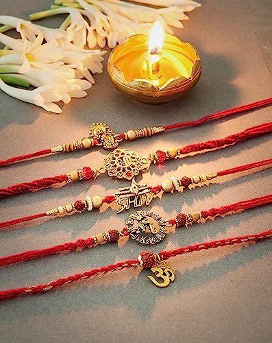 Eximious India Set of 5 Rakhi For Brother With Card Metal Pendant For Raksha Bandhan Designer Rakhi Thread for Bhaiya (Set of 5-3)