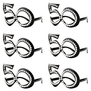 50th birthday glasses - number crystal frame, party favors, wedding, funny costume sunglasses, novelty eyewear celebration decoration for kids and adults 6 pack (50)
