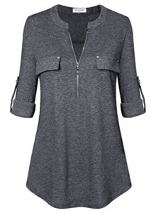 bulotus women's zip front long sleeve loose fit tunic blouse casual top,grey,large