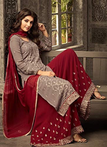 Indian Pakistani Dresses for Women Palazzo Style Embroidered Salwar Kameez Suit 47001 (Red, M-40)