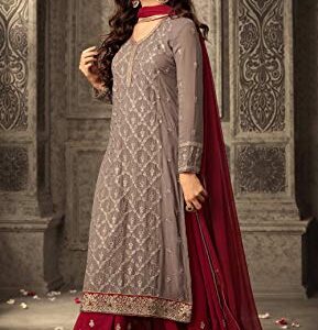 Indian Pakistani Dresses for Women Palazzo Style Embroidered Salwar Kameez Suit 47001 (Red, M-40)