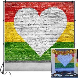 CSFOTO Polyester 4x4ft Brick Wall Love Reggae Backdrop Juneteenth Decorations for Party White Heart Yellow Green Red Striped Painted Wall One Love Birthday Party Background One Love Backdrop