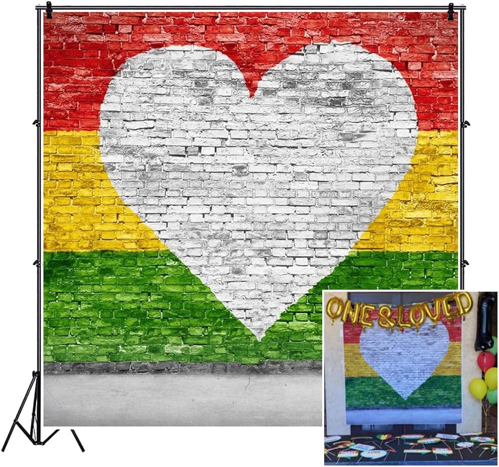 CSFOTO Polyester 4x4ft Brick Wall Love Reggae Backdrop Juneteenth Decorations for Party White Heart Yellow Green Red Striped Painted Wall One Love Birthday Party Background One Love Backdrop
