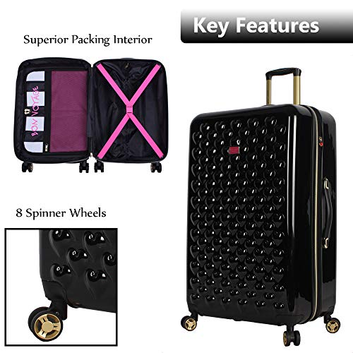 Betsey Johnson 30 Inch Checked Luggage Collection - Expandable Scratch Resistant (ABS + PC) Hardside Suitcase - Designer Lightweight Bag with 8-Rolling Spinner Wheels (Heart to Heart Black, 30in)