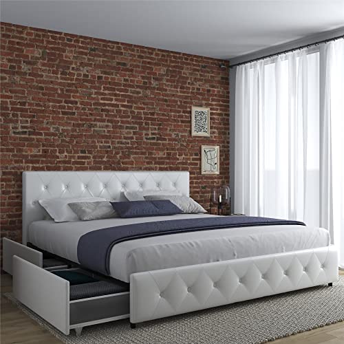 DHP Dakota Upholstered Platform Bed with Underbed Storage Drawers and Diamond Button Tufted Headboard and Footboard, No Box Spring Needed, King, White Faux Leather