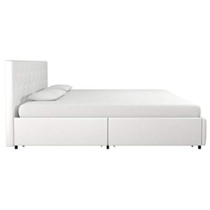 DHP Dakota Upholstered Platform Bed with Underbed Storage Drawers and Diamond Button Tufted Headboard and Footboard, No Box Spring Needed, King, White Faux Leather