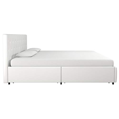 DHP Dakota Upholstered Platform Bed with Underbed Storage Drawers and Diamond Button Tufted Headboard and Footboard, No Box Spring Needed, King, White Faux Leather