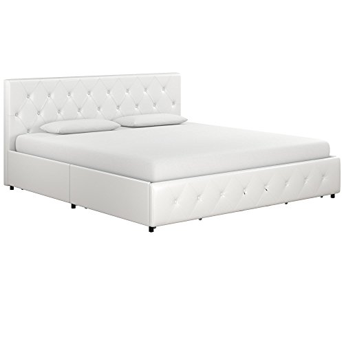 DHP Dakota Upholstered Platform Bed with Underbed Storage Drawers and Diamond Button Tufted Headboard and Footboard, No Box Spring Needed, King, White Faux Leather