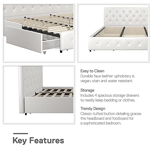 DHP Dakota Upholstered Platform Bed with Underbed Storage Drawers and Diamond Button Tufted Headboard and Footboard, No Box Spring Needed, King, White Faux Leather