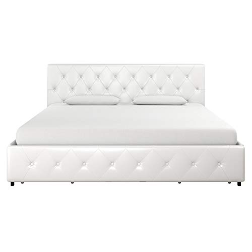 DHP Dakota Upholstered Platform Bed with Underbed Storage Drawers and Diamond Button Tufted Headboard and Footboard, No Box Spring Needed, King, White Faux Leather