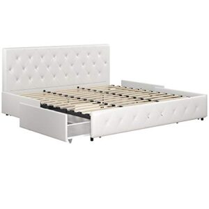 DHP Dakota Upholstered Platform Bed with Underbed Storage Drawers and Diamond Button Tufted Headboard and Footboard, No Box Spring Needed, King, White Faux Leather