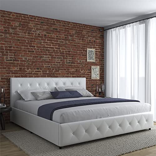 DHP Dakota Upholstered Platform Bed with Underbed Storage Drawers and Diamond Button Tufted Headboard and Footboard, No Box Spring Needed, King, White Faux Leather