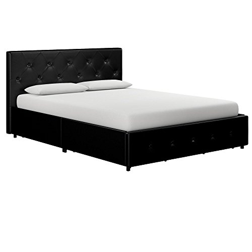 DHP Dakota Upholstered Platform Bed with Underbed Storage Drawers and Diamond Button Tufted Headboard and Footboard, No Box Spring Needed, Full, Black Faux Leather