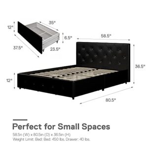 DHP Dakota Upholstered Platform Bed with Underbed Storage Drawers and Diamond Button Tufted Headboard and Footboard, No Box Spring Needed, Full, Black Faux Leather