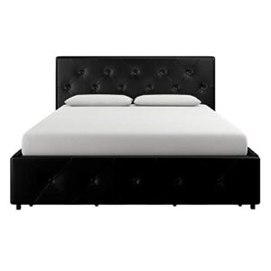 DHP Dakota Upholstered Platform Bed with Underbed Storage Drawers and Diamond Button Tufted Headboard and Footboard, No Box Spring Needed, Full, Black Faux Leather