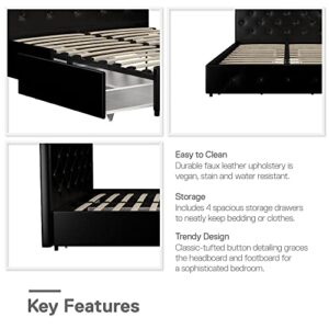 DHP Dakota Upholstered Platform Bed with Underbed Storage Drawers and Diamond Button Tufted Headboard and Footboard, No Box Spring Needed, Full, Black Faux Leather