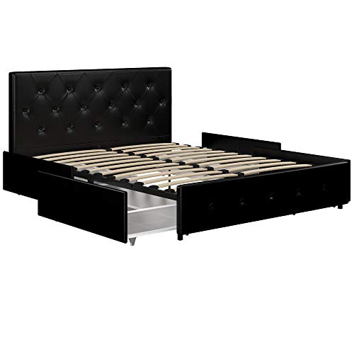 DHP Dakota Upholstered Platform Bed with Underbed Storage Drawers and Diamond Button Tufted Headboard and Footboard, No Box Spring Needed, Full, Black Faux Leather