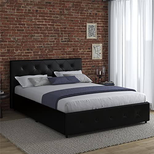 DHP Dakota Upholstered Platform Bed with Underbed Storage Drawers and Diamond Button Tufted Headboard and Footboard, No Box Spring Needed, Full, Black Faux Leather