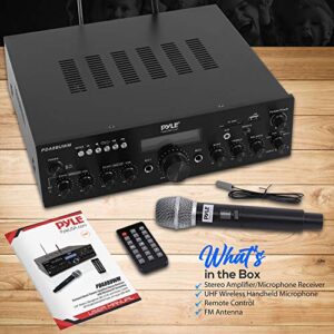 Pyle Wireless Microphone Power Amplifier System- 200W Dual Channel Sound Audio Stereo Karaoke Speaker Receiver w/USB, AUX, Microphone IN w/Echo, Radio, Home Theater via RCA, Studio Use - Pyle PDA8BUWM