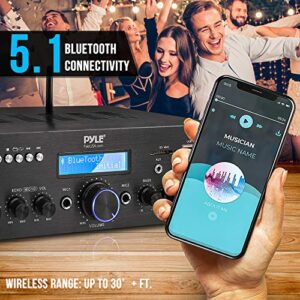 Pyle Wireless Microphone Power Amplifier System- 200W Dual Channel Sound Audio Stereo Karaoke Speaker Receiver w/USB, AUX, Microphone IN w/Echo, Radio, Home Theater via RCA, Studio Use - Pyle PDA8BUWM